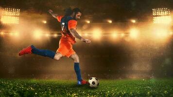 Fußball Szene beim Nacht Spiel mit Spieler im ein Orange Uniform treten das Ball mit Leistung foto