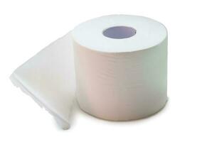 Single rollen von Weiß Gewebe Papier oder Serviette bereit zum verwenden im Toilette oder Toilette isoliert auf Weiß Hintergrund mit Ausschnitt Weg. foto