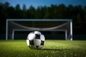 ai generativ Fußball Ball auf das Grün Gras und Tor Netz im Fußball Stadion foto