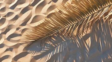 plam Blätter auf das tropisch Strand Sand Hintergrund. Ferien und Entspannung Konzept mit trocken Palme Blätter auf das heiß Sommer- Strand. generiert ai. foto