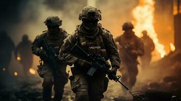ai generativ Soldaten mit Gewehre vorrücken durch voller Rauch Schlachtfeld foto