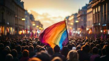 Demonstranten halten Regenbogen Farbe Flagge foto