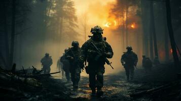ai generativ Soldaten mit Gewehre vorrücken durch voller Rauch Schlachtfeld foto