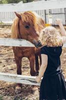 kleines Mädchen, das ein Pferd streichelt foto