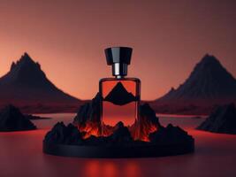 leer Parfüm Flasche Podium Attrappe, Lehrmodell, Simulation im Lava Strom zum Produkt Präsentation und Lava Berg Boden hintergrund.generativ ai. foto