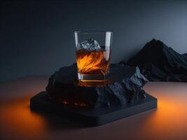 leer Whiskey Glas mit ein klein runden Eis Würfel im das Glas Podium Attrappe, Lehrmodell, Simulation im Lava Strom zum Produkt Präsentation und Lava Berg Boden hintergrund.generativ ai foto