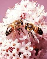 zwei Honigbienen auf Rosa Frühling Blumen und Rosa Hintergrund foto