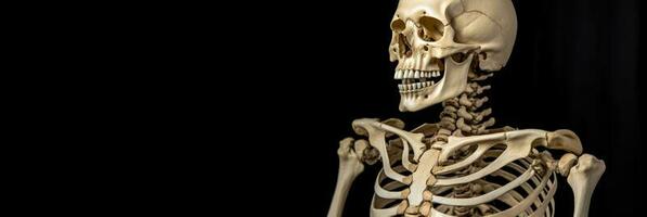 Mensch Skelett, schwarz Hintergrund isolieren. wissenschaftlich Körper Anatomie, medizinisch Ausstellungsstück. ai generiert. foto