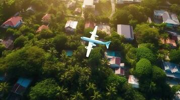 Tourist Flugzeug Liner fliegt Über ein tropisch Meer Stadt im das Morgen Sonne. exotisch Reise. ai generiert. foto