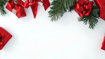 3d Rendern von oben Aussicht Weihnachten Hintergrund mit Geschenke, Tanne Baum Geäst, rot Dekorationen auf Weiß Hintergrund. foto