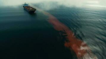 ökologisch Katastrophe, Öl verschütten im Ozean in der Nähe von Tanker, oben Sicht. kommerziell Lieferung. ai generiert. foto