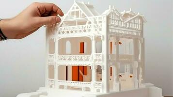 Prototyp Konstruktion von ein Familie Haus mit ein 3d Drucker, Neu Technologien. ai generiert. foto