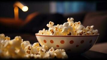 Popcorn, Straße schnell Essen, auf verschwommen Hintergrund im farbig Platte. ai generiert. foto