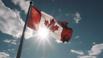 Kanada Unabhängigkeit Tag. National Flagge im das Wind, wolkig Himmel Hintergrund, Nahansicht. ai generiert. foto