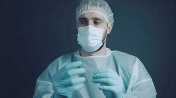 der Chirurg Arzt Nahansicht im ein Maske, dunkel Blau Hintergrund isolieren. medizinisch Hilfe zu Patienten. ai generiert. foto