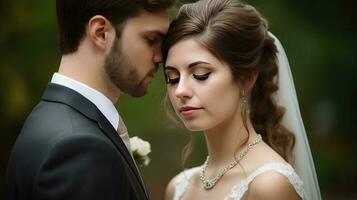 glücklich Bräutigam, Braut umarmen beim das Hochzeit, romantisch Porträt, Nahansicht. ai generiert. foto