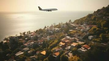 Tourist Flugzeug Liner fliegt Über ein tropisch Meer Stadt im das Morgen Sonne. exotisch Reise. ai generiert. foto