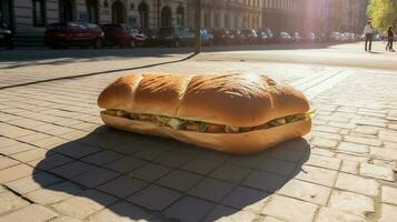 Riese frisch Sandwich mit Schinken, Käse, Tomaten auf Straße von Stadt im Strahlen von Sonne. ai generiert. foto