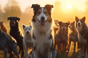 einstellen von Hunde, anders Größen und Rassen draussen beim Sonnenuntergang ai generiert foto