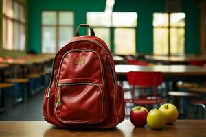 Schule Rucksack auf Tabelle im Klassenzimmer foto