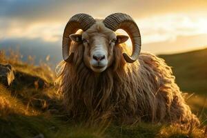 isländisch Schaf RAM mit großartig Korkenzieher Hörner gelegt im das Gras n Feld im warm Sonnenuntergang Licht , eid-al-adha Konzept foto