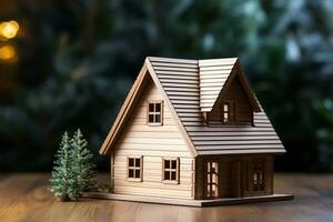 hölzern Haus Modell- auf Holz Hintergrund, ein Symbol zum Konstruktion , Ökologie, Darlehen, Hypothek, Eigentum oder heim. foto