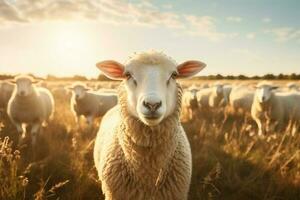 isländisch Schaf RAM mit großartig Korkenzieher Hörner gelegt im das Gras n Feld im warm Sonnenuntergang Licht , eid-al-adha Konzept foto