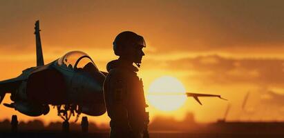 Soldat im ein Schuppen beim Sonnenuntergang. Militär- Piloten in der Nähe von Jet Kämpfer beim Sonnenuntergang. Militär- Luftfahrt ai generiert foto