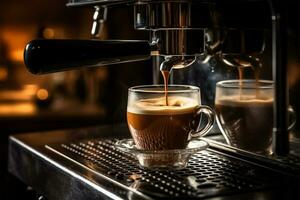 Kaffee Maschine Herstellung ein heiß trinken im Cafe Bar beim das Morgen ai generiert foto