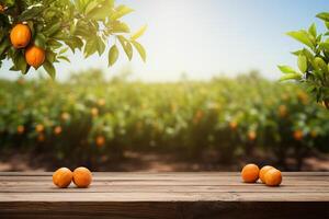 Holz Tabelle mit kostenlos Raum Über Orange Bäume ai generiert foto