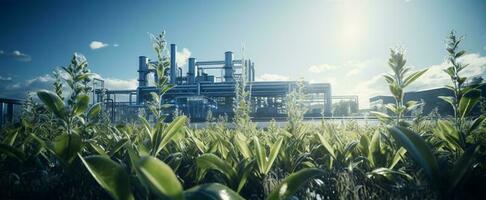 industriell Landschaft mit ein groß Pflanze auf das Hintergrund von Blau Himmel ai generiert foto