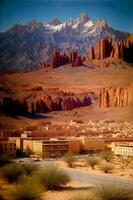 ein Bild von ein Wüste mit Berge im das Hintergrund. ai generiert foto