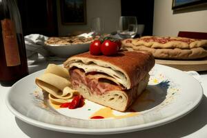 ein schließen oben von ein Teller von Essen auf ein Tisch. ai generiert foto