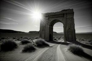 ein schwarz und Weiß Foto von ein Bogen im das Wüste. ai generiert