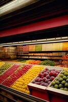 ein produzieren Sektion von ein Lebensmittelgeschäft Geschäft gefüllt mit Früchte und Gemüse. ai generiert foto