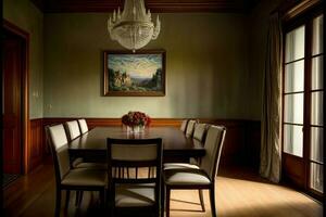 ein Essen Zimmer mit ein Leuchter und ein Gemälde auf das Mauer. ai generiert foto