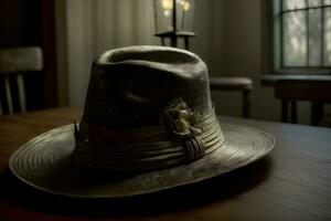 ein Hut Sitzung auf oben von ein hölzern Tisch. ai generiert foto