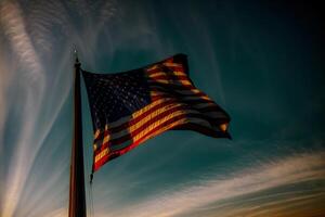 ein groß amerikanisch Flagge fliegend hoch im das Himmel. ai generiert foto