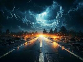 Autobahn Straße im das Nacht mit schwer Regen und Blitz ai generativ foto