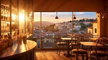 ein Panorama- Landschaft von ein spät Nachmittag im ein authentisch Italien Kaffee Geschäft ai generativ foto