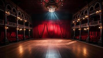 Theater Bühne, mit rot Vorhang, hölzern Boden, Stühle und Beleuchtung ai generativ foto