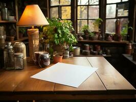 Papier auf das hölzern Tisch, echt Fotografie mit glatt Beleuchtung und Sonne Licht ai generieren foto