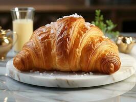 Fotografie von Französisch Croissant auf das Weiß Marmor Tabelle ai generiert foto