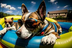 ein Hund tragen Sonnenbrille Verlegung im ein aufblasbar Schwimmbad. ai generiert foto