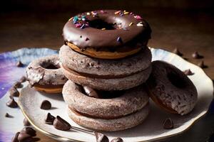 ein Stapel von Donuts Sitzung auf oben von ein Platte. ai generiert foto