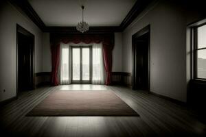 ein leeren Zimmer mit ein Leuchter hängend von das Decke. ai generiert foto