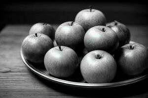 ein Teller von Äpfel Sitzung auf ein hölzern Tisch. ai generiert foto