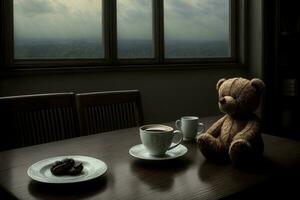 ein Teddy Bär Sitzung beim ein Tabelle mit ein Tasse von Kaffee. ai generiert foto