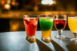ein Reihe von anders farbig Getränke Sitzung auf oben von ein Tisch. ai generiert foto