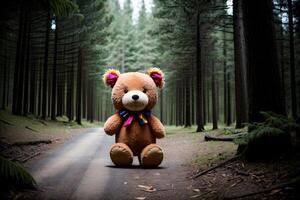 ein braun Teddy Bär Sitzung im das Mitte von ein Wald. ai generiert foto